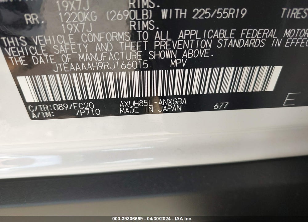 2024 TOYOTA VENZA XLE VIN: JTEAAAAH9RJ166015