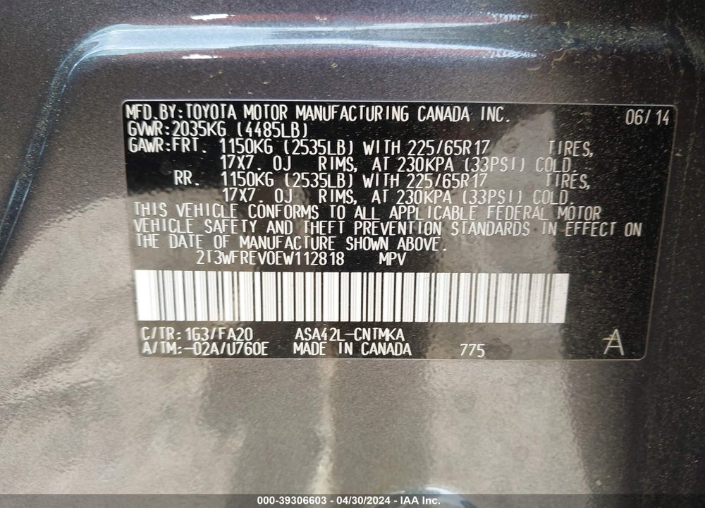2014 TOYOTA RAV4 XLE VIN: 2T3WFREV0EW112818