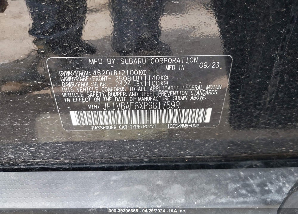 2023 SUBARU WRX PREMIUM VIN: JF1VBAF6XP9817599