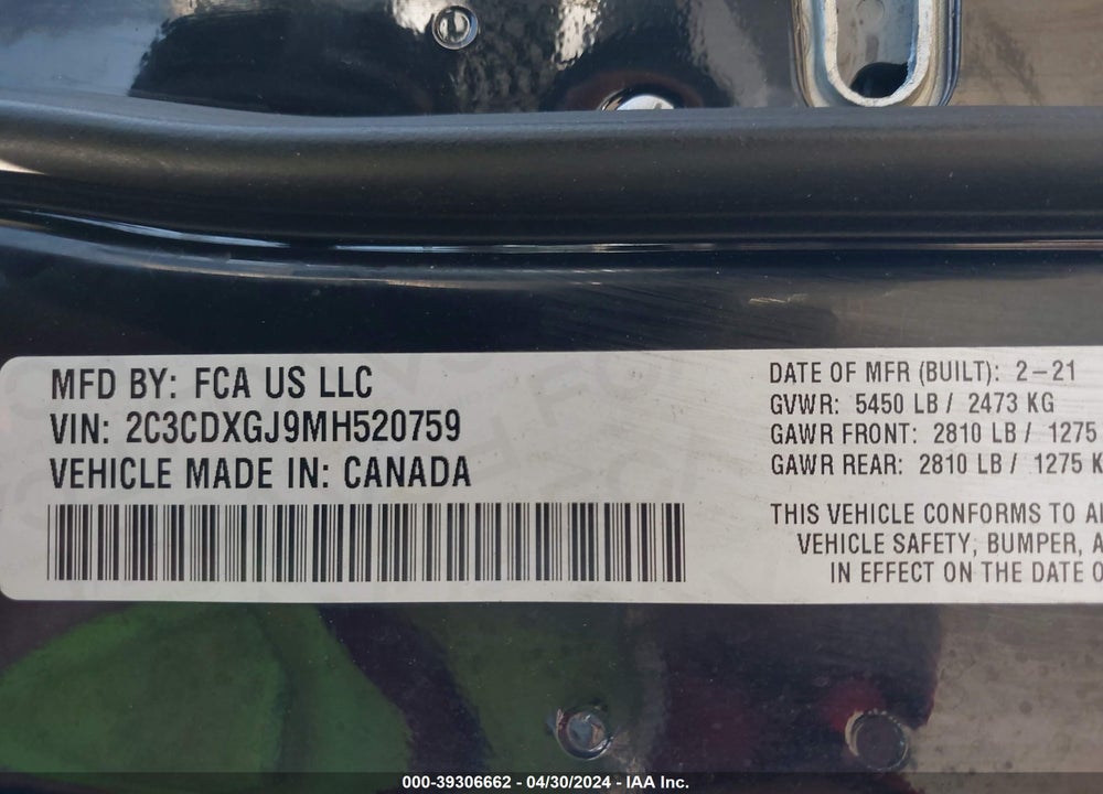 2021 DODGE CHARGER SCAT PACK WIDEBODY RWD VIN: 2C3CDXGJ9MH520759