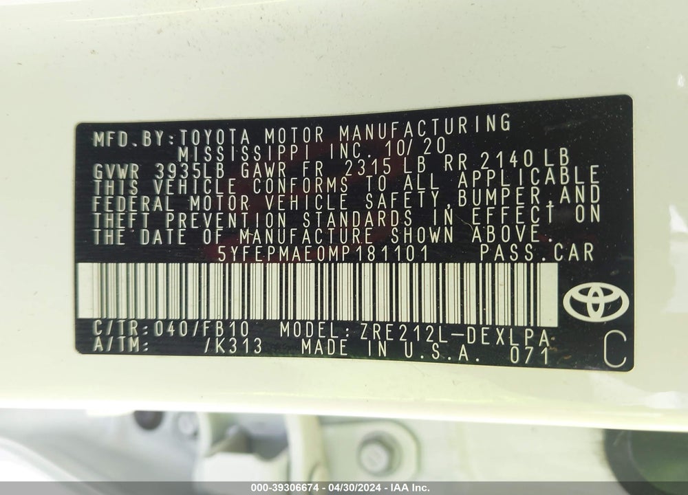 2021 TOYOTA COROLLA VIN: 5YFEPMAE0MP181101