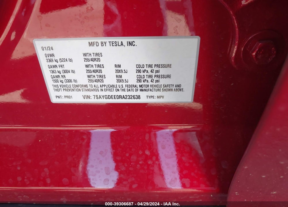 2024 TESLA MODEL Y LONG RANGE DUAL MOTOR ALL-WHEEL DRIVE VIN: 7SAYGDEE0RA232638
