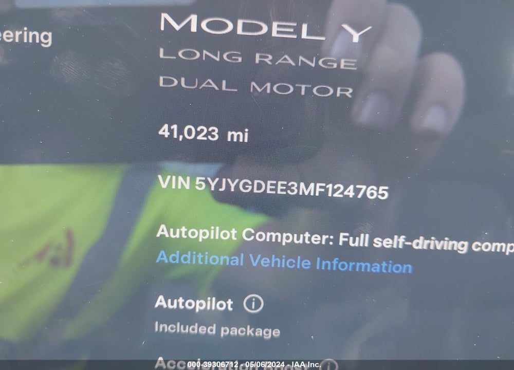 2021 TESLA MODEL Y LONG RANGE DUAL MOTOR ALL-WHEEL DRIVE VIN: 5YJYGDEE3MF124765