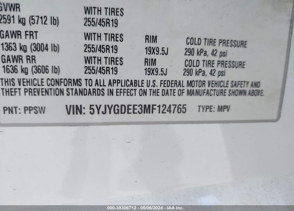 2021 TESLA MODEL Y LONG RANGE DUAL MOTOR ALL-WHEEL DRIVE VIN: 5YJYGDEE3MF124765