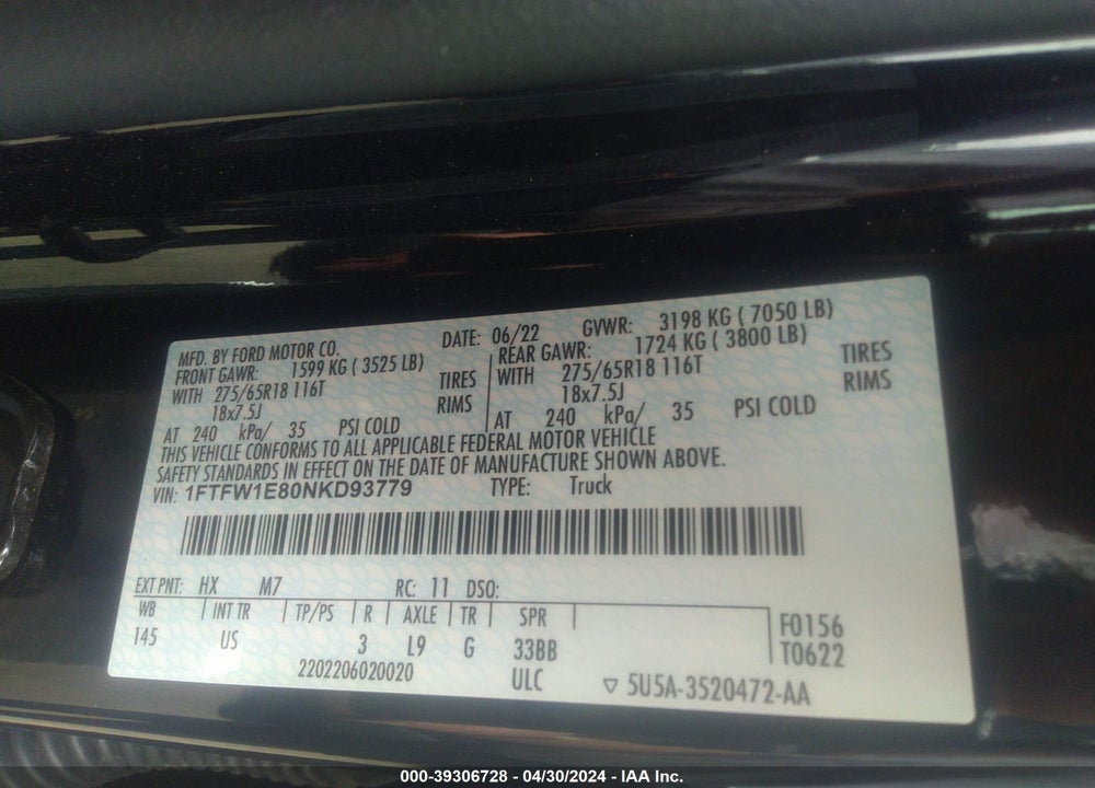 2022 FORD F-150 XLT VIN: 1FTFW1E80NKD93779