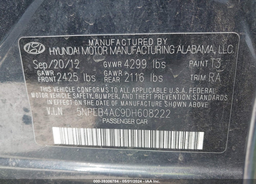 2013 HYUNDAI SONATA GLS VIN: 5NPEB4AC9DH608222