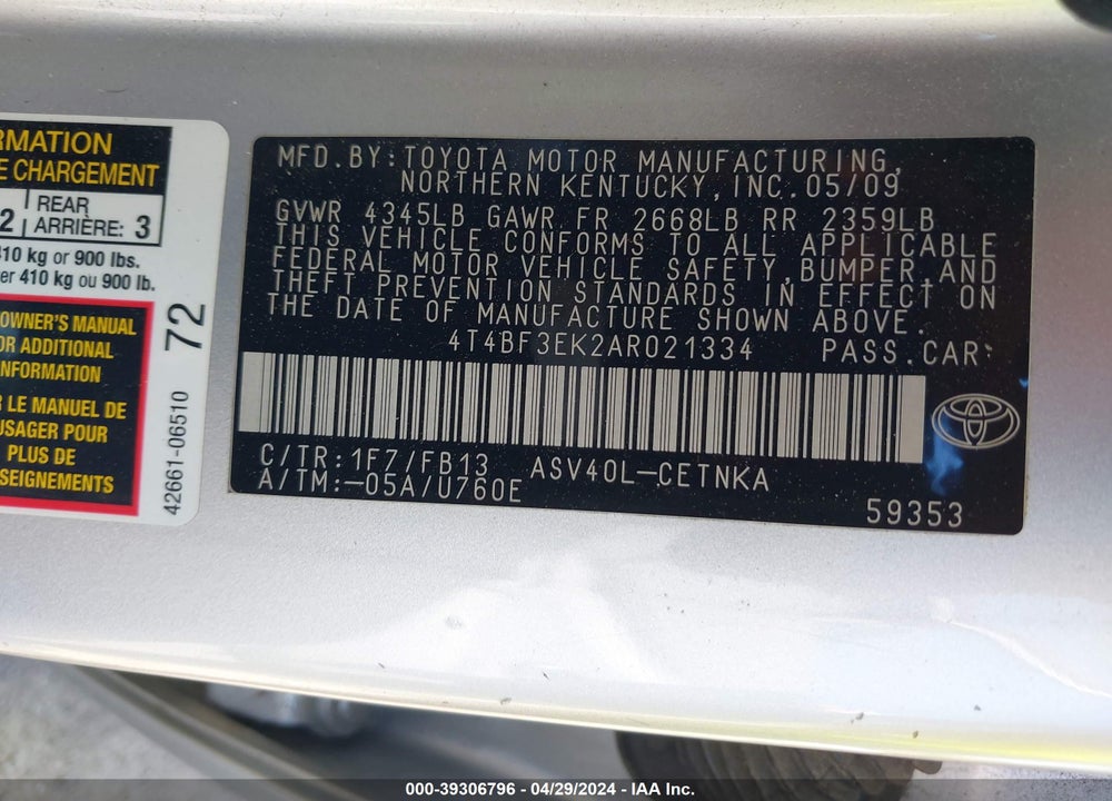 2010 TOYOTA CAMRY LE VIN: 4T4BF3EK2AR021334