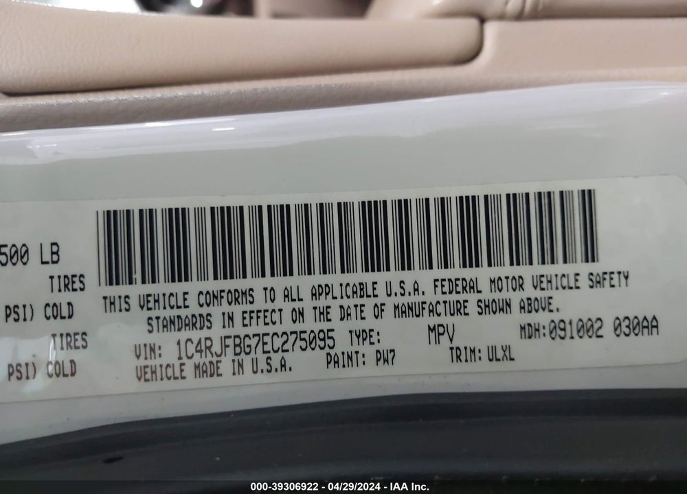 2014 JEEP GRAND CHEROKEE LIMITED VIN: 1C4RJFBG7EC275095