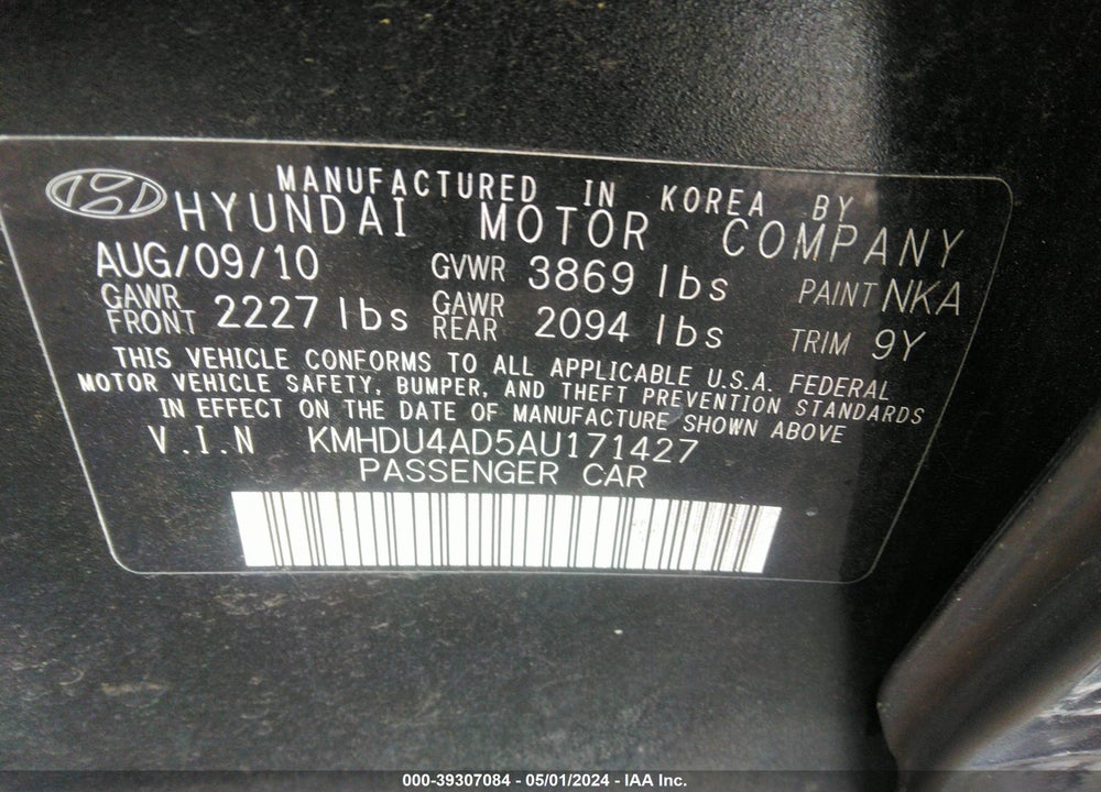 2010 HYUNDAI ELANTRA VIN: KMHDU4AD5AU171427