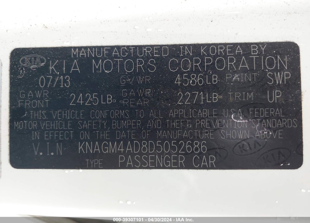 2013 KIA OPTIMA HYBRID LX VIN: KNAGM4AD8D5052686
