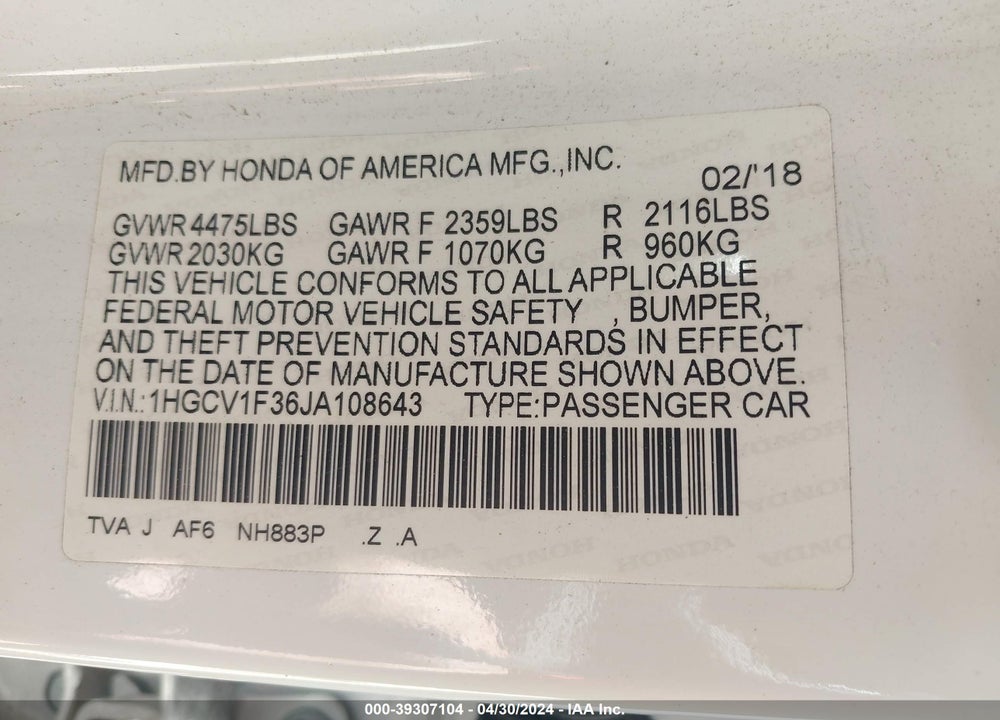2018 HONDA ACCORD SPORT VIN: 1HGCV1F36JA108643