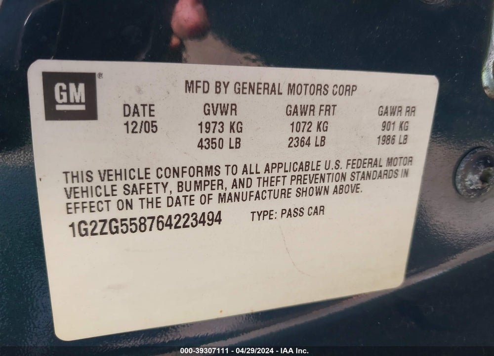 2006 PONTIAC G6 VIN: 1G2ZG558764223494