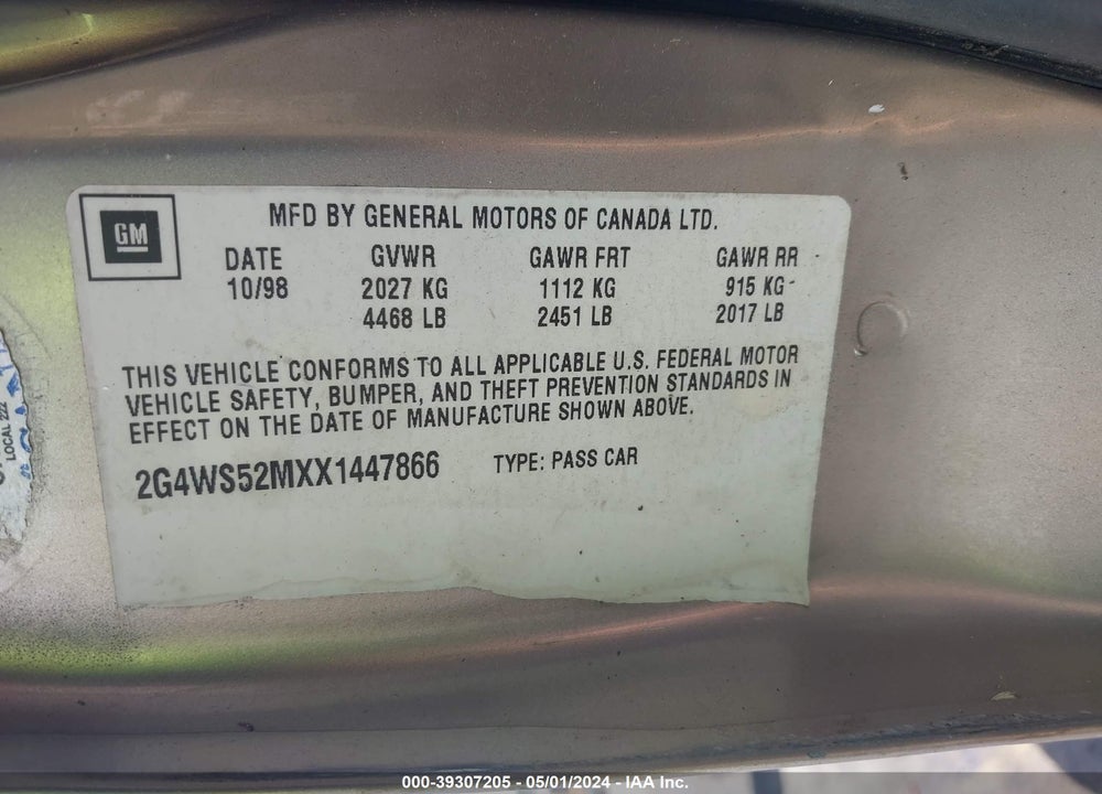 1999 BUICK CENTURY CUSTOM VIN: 2G4WS52MXX1447866