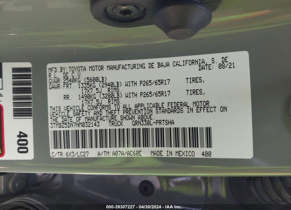 2022 TOYOTA TACOMA TRD SPORT VIN: 3TMBZ5DN7NM032143