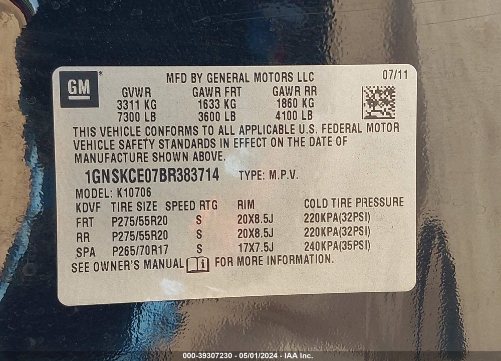 2011 CHEVROLET TAHOE LTZ VIN: 1GNSKCE07BR383714