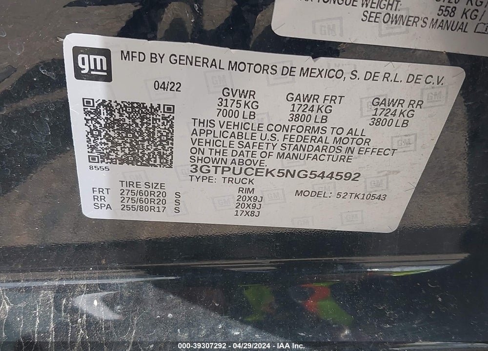2022 GMC SIERRA 1500 4WD SHORT BOX ELEVATION WITH 3SB VIN: 3GTPUCEK5NG544592