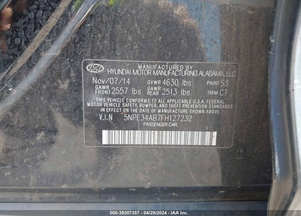 2015 HYUNDAI SONATA LIMITED 2.0T VIN: 5NPE34AB7FH127232