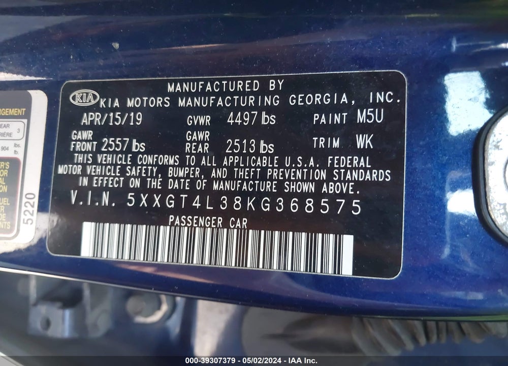 2019 KIA OPTIMA LX VIN: 5XXGT4L38KG368575