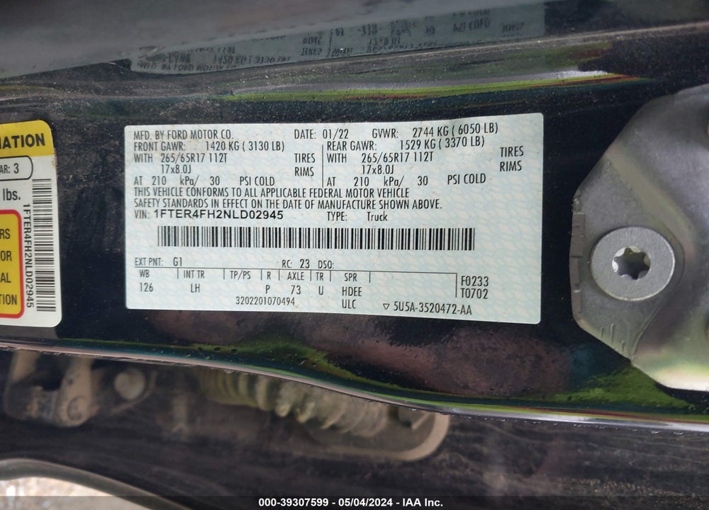 2022 FORD RANGER XLT VIN: 1FTER4FH2NLD02945
