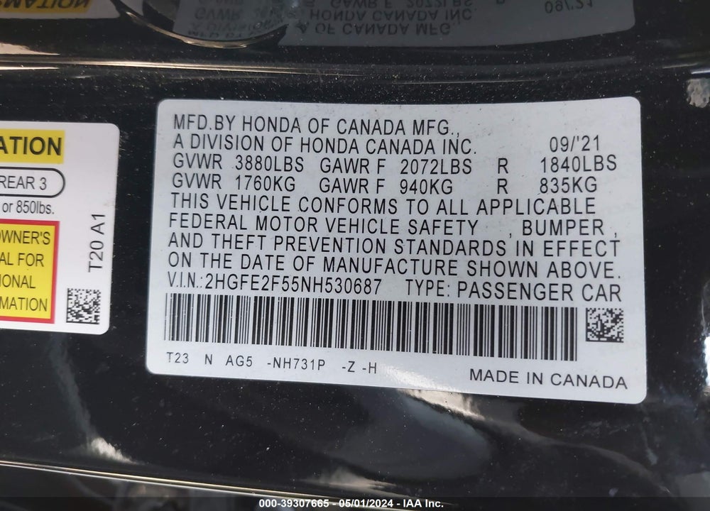 2022 HONDA CIVIC SPORT VIN: 2HGFE2F55NH530687