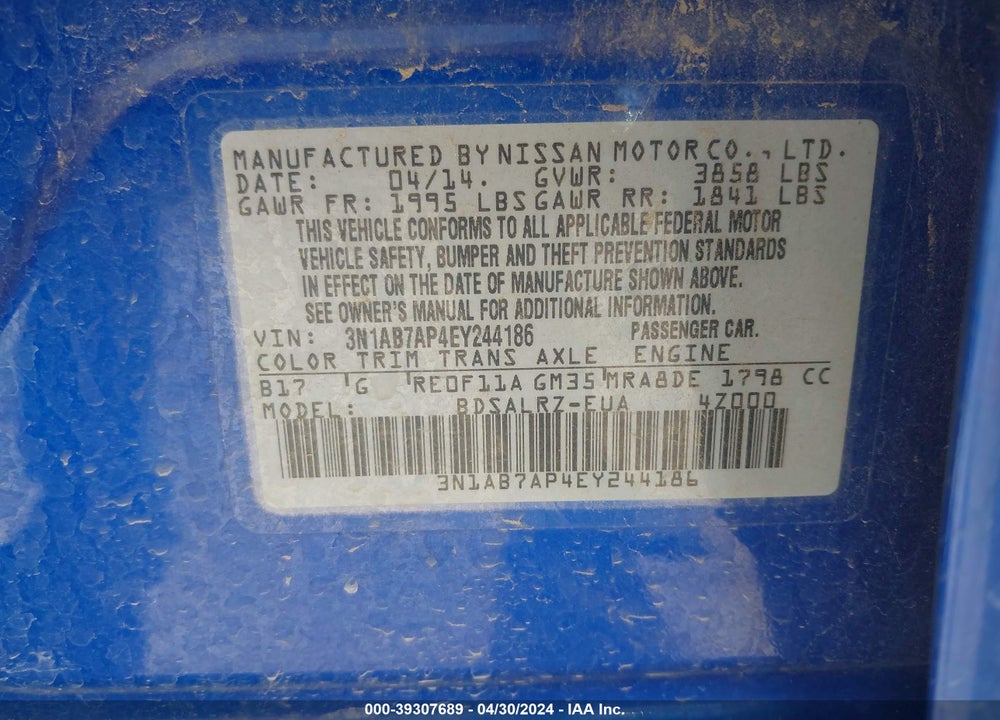 2014 NISSAN SENTRA SR VIN: 3N1AB7AP4EY244186