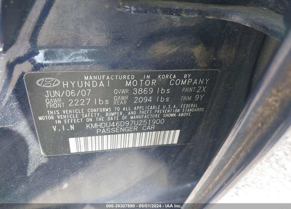 2007 HYUNDAI ELANTRA GLS/LIMITED/SE VIN: KMHDU46D97U251900