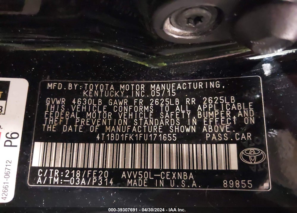 2015 TOYOTA CAMRY HYBRID VIN: 4T1BD1FK1FU171655