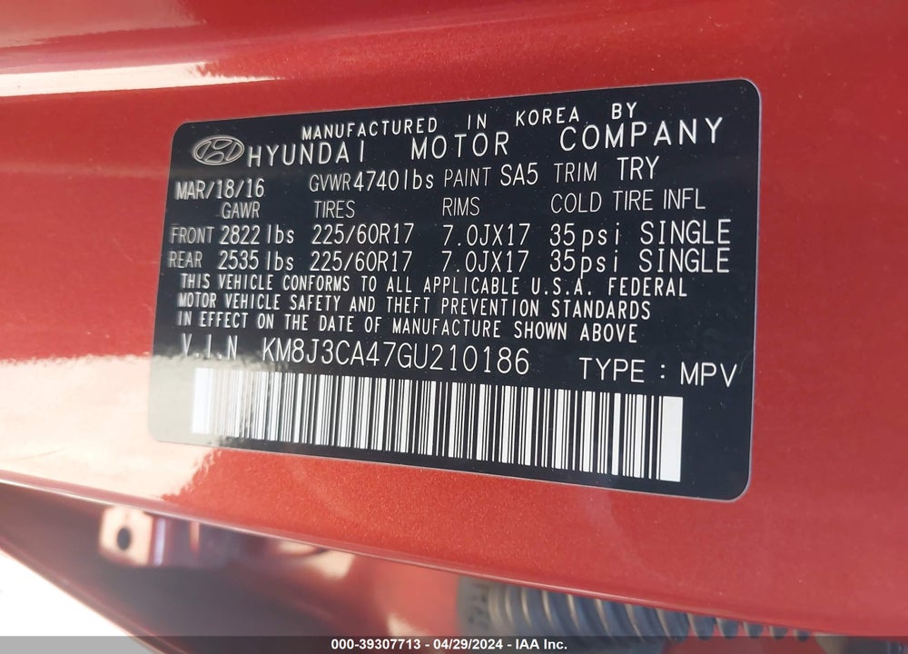 2016 HYUNDAI TUCSON SE VIN: KM8J3CA47GU210186