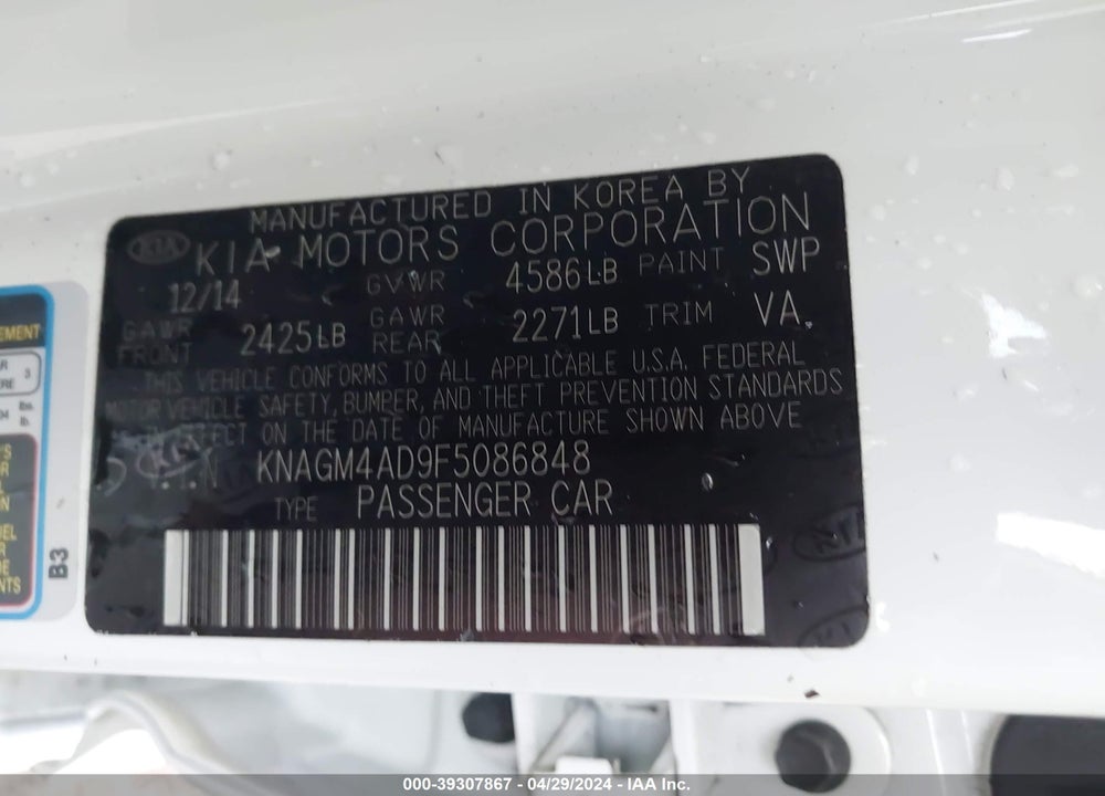 2015 KIA OPTIMA HYBRID VIN: KNAGM4AD9F5086848