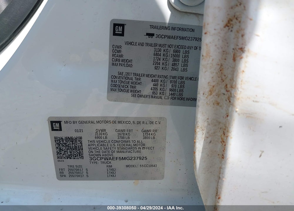 2021 CHEVROLET SILVERADO 1500 VIN: 3GCPWAEF5MG237925