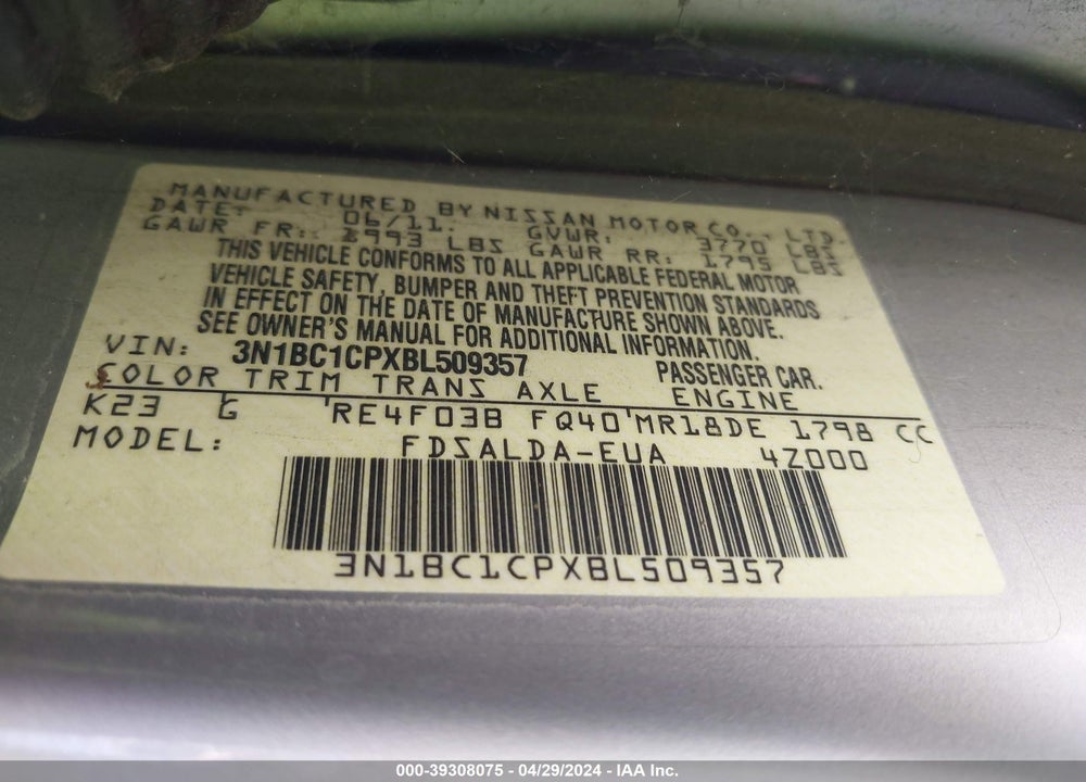 2011 NISSAN VERSA 1.8S VIN: 3N1BC1CPXBL509357