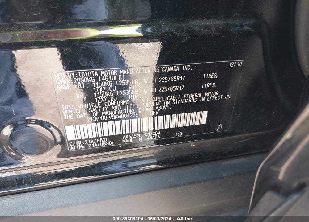 2019 TOYOTA RAV4 VIN: 2T3H1RFV9KW004229