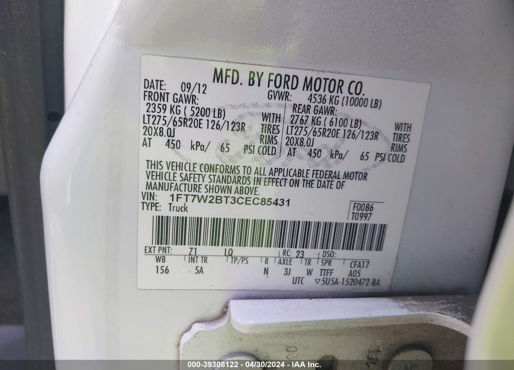 2012 FORD F-250 LARIAT VIN: 1FT7W2BT3CEC85431