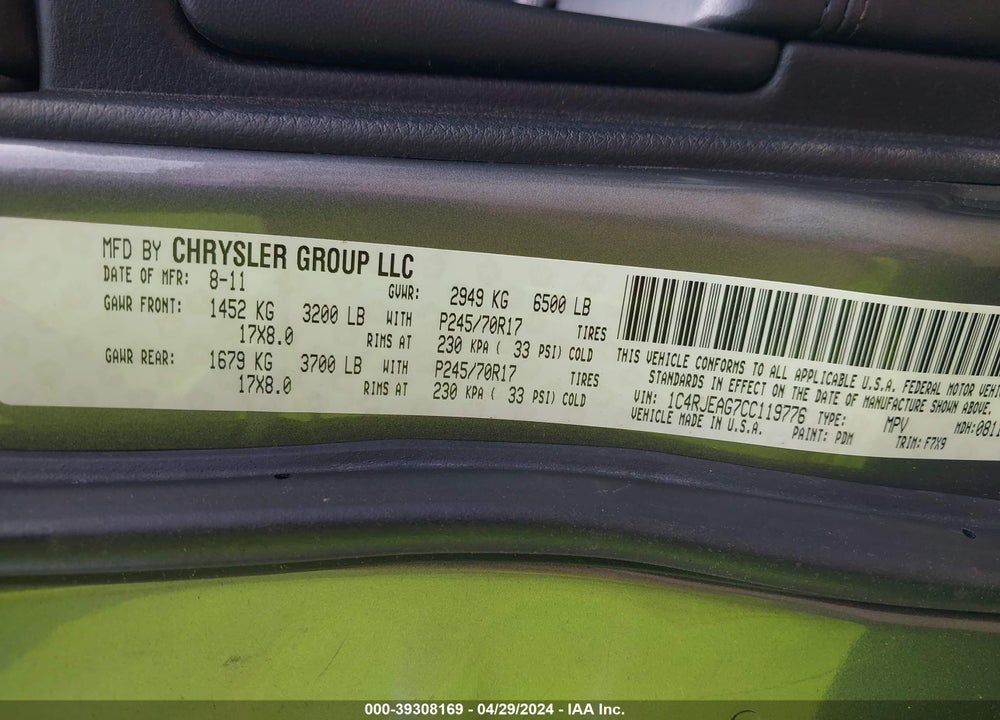 2012 JEEP GRAND CHEROKEE LAREDO VIN: 1C4RJEAG7CC119776