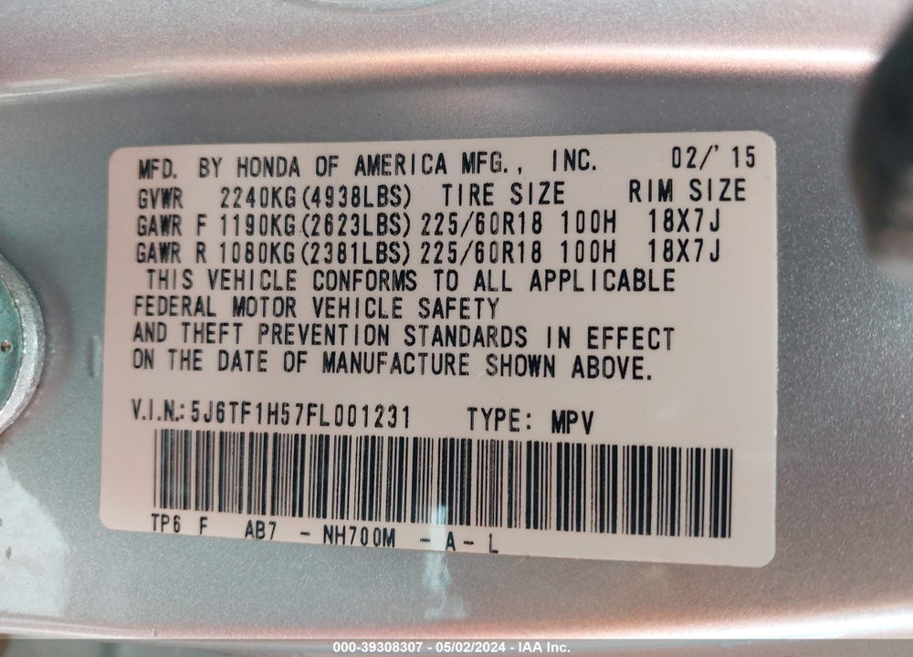 2015 HONDA CROSSTOUR VIN: 5J6TF1H57FL001231