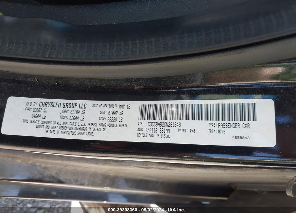 2012 CHRYSLER 200 LX VIN: 1C3CCBAB2CN281648
