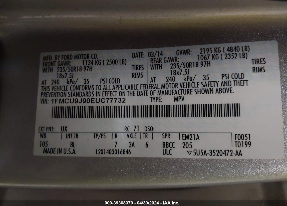 2014 FORD ESCAPE TITANIUM VIN: 1FMCU9J90EUC77732