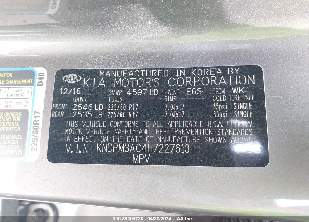 2017 KIA SPORTAGE LX VIN: KNDPM3AC4H7227613