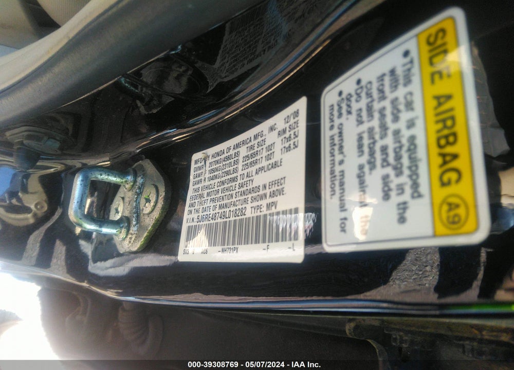 2009 HONDA CR-V EX-L VIN: 5J6RE48749L018282