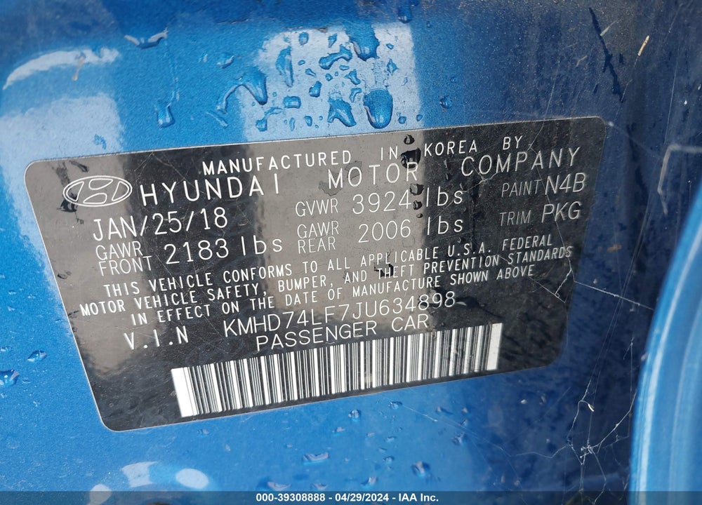 2018 HYUNDAI ELANTRA SE VIN: KMHD74LF7JU634898