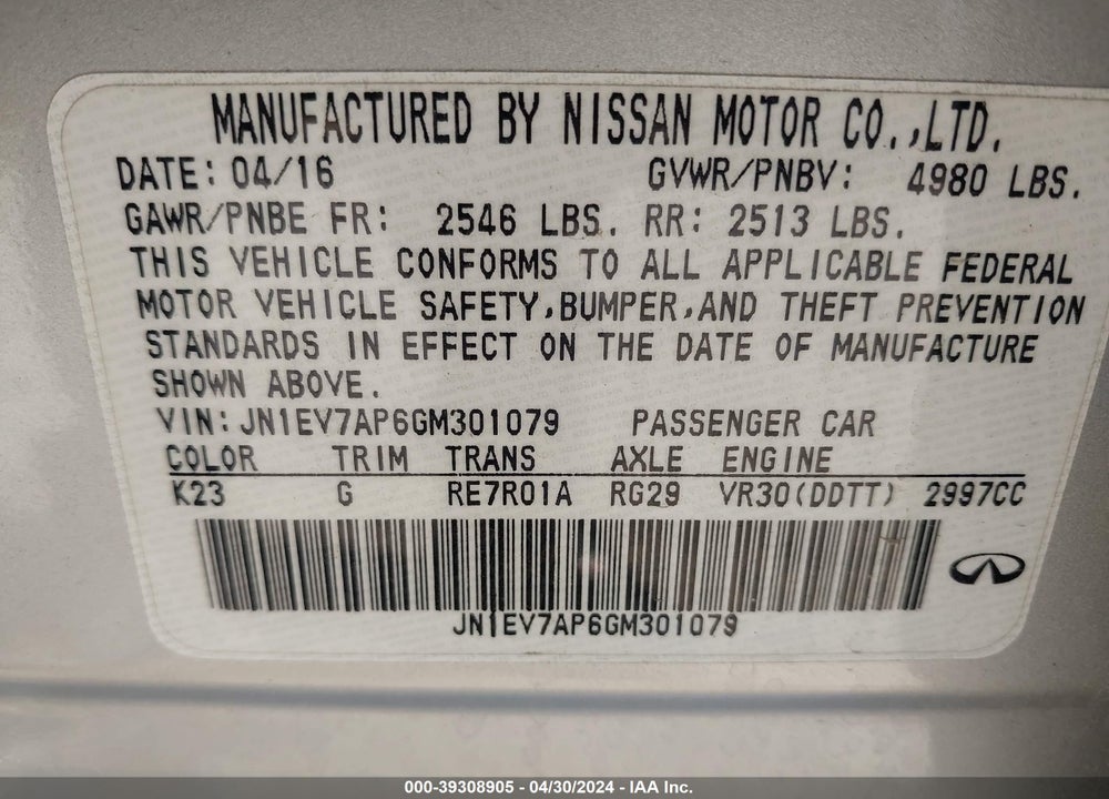 2016 INFINITI Q50 3.0T PREMIUM VIN: JN1EV7AP6GM301079