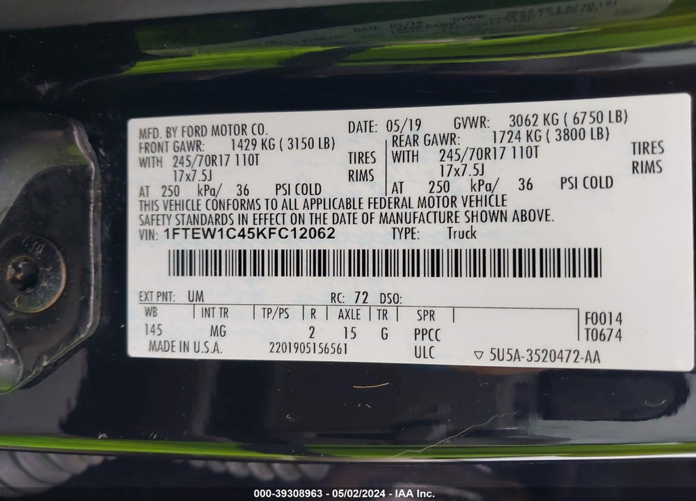 2019 FORD F-150 XLT VIN: 1FTEW1C45KFC12062