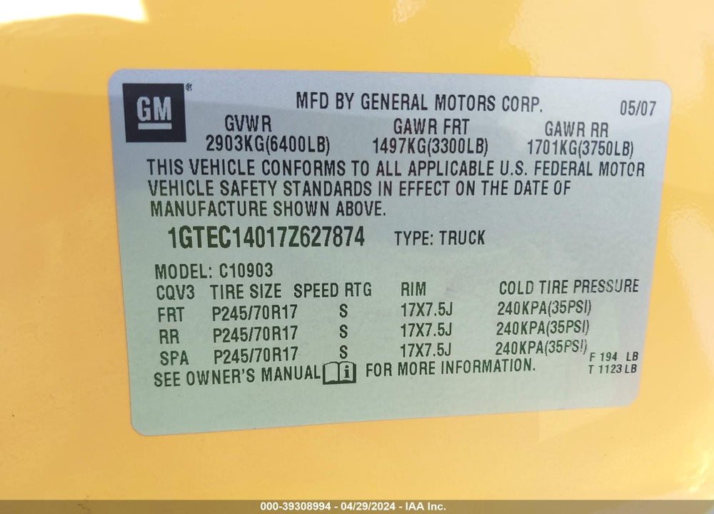 2007 GMC SIERRA 1500 WORK TRUCK VIN: 1GTEC14017Z627874
