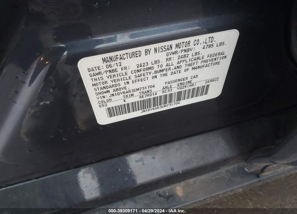 2012 INFINITI G25X VIN: JN1DV6AR3CM731704