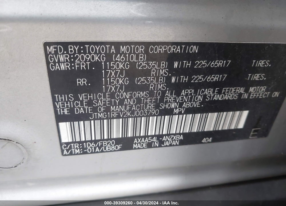 2019 TOYOTA RAV4 LE VIN: JTMG1RFV2KJ003790