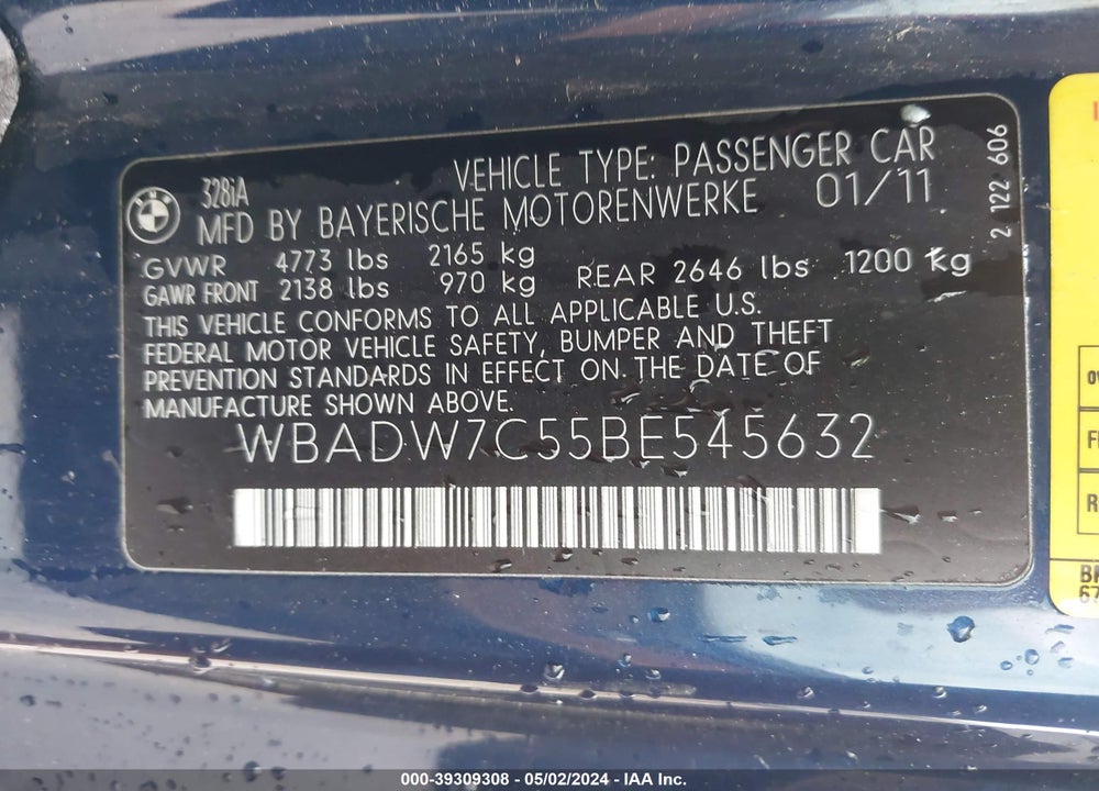 2011 BMW 328I VIN: WBADW7C55BE545632