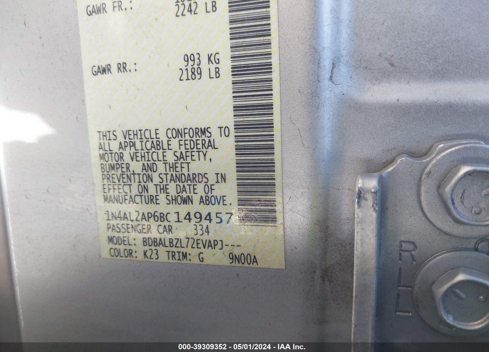 2011 NISSAN ALTIMA 2.5 S VIN: 1N4AL2AP6BC149457