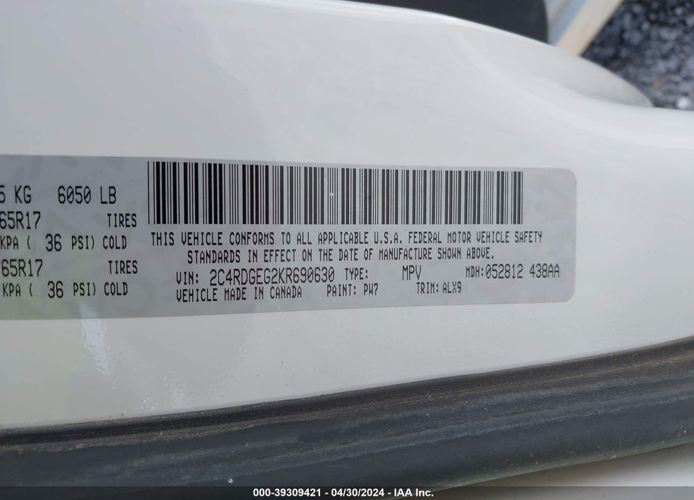 2019 DODGE GRAND CARAVAN GT VIN: 2C4RDGEG2KR690630