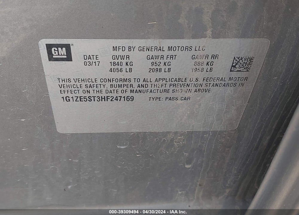 2017 CHEVROLET MALIBU 1LT VIN: 1G1ZE5ST3HF247169