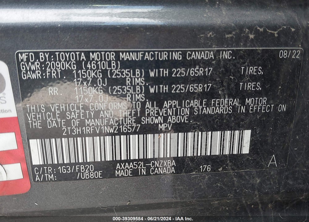 2022 TOYOTA RAV4 LE VIN: 2T3H1RFV1NW216577